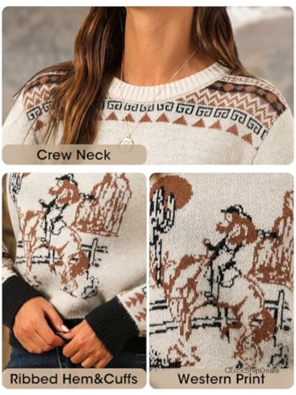 Western Cowgirl Horse Print Pullover Sweater Crewneck Long Sleeve - Picture 4 of 6